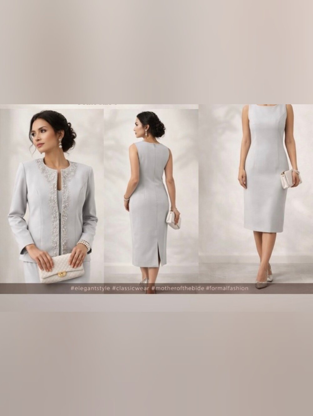 Light Gray Embellished Midi Dress with Beaded Trim